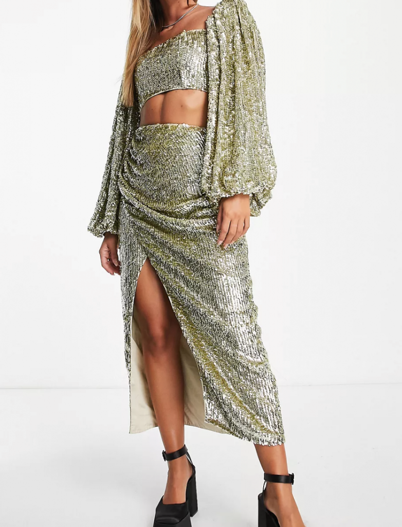 The Best Christmas Outfits To Rock This Holiday Season – ASOS Wrap Midi Skirt in Pale Gold Sequin